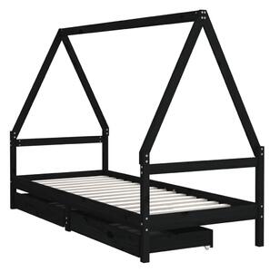 VidaXL fekete tömör fenyőfa gyerekágykeret fiókokkal 80 x 200 cm