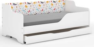 LILU gyerekágy laminált oldalakkal, 160x80cm, matraccal és ágyneműtároló rekesszel - színes dinoszauruszok