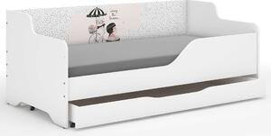 LILU gyerekágy laminált oldalakkal, 160x80cm-es matraccal és ágyneműtároló hellyel - kislány kerékpáron macskával
