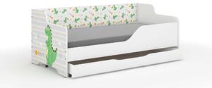 LILU gyermekágy laminált előlappal és oldallal, 160x80 cm-es, matraccal és ágyneműtartóval - dínós mintával