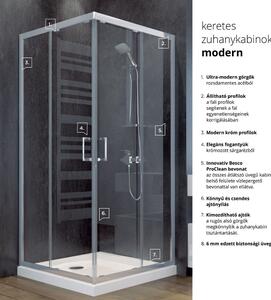 Besco MODERN 80x80/90x90 szögeletes két tólóajtós zuhanykabin 6 mm vastag vízlepergető biztonsági üveggel, krómozott elemekkel, 185 cm magas