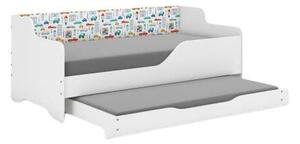 LILU gyerekágy laminált oldalakkal, 160x80 cm-es, kihúzható ágyneműtartóval, matraccal és autó mintával, 140x70 cm-es matraccal együtt