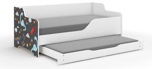 LILU gyerekágy laminált fronttal 160x80cm matraccal és ágyazható ágyneműtartóval benne 140x70 cm matraccal - színes dínós