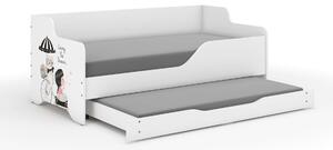LILU gyerekágy laminált előlappal, 160x80cm, matraccal (140x70 cm) és kihúzható ágyneműtartóval - kislány biciklivel és cicával