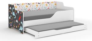 LILU gyermekágy laminált előlappal és oldallal, 160x80cm, matraccal és ágyneműtárolóval, kihúzható, belső 140x70 cm-es matraccal - színes dinoszauruszok