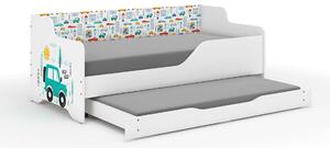 LILU gyerekágy laminált fronttal és oldallal 160x80cm matraccal és ágyazható ágyneműtartóval benne 140x70 cm matraccal - autós