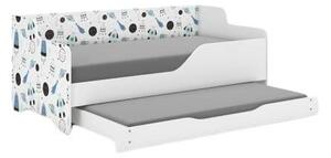 LILU gyermekágy laminált előlappal és leesésgátlóval, 160x80 cm-es mérettel, matraccal és ágyneműtároló hellyel - 140x70 cm-es matraccal - űrhajós mintával