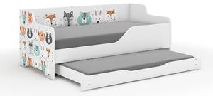 LILU gyerekágy laminált fronttal és oldallal 160x80cm matraccal és ágyazható ágyneműtartóval benne 140x70 cm matraccal - erdei állatok