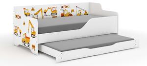 LILU gyermekágy laminált előlappal és oldallappal, 160x80cm, matraccal és ágyneműtartóval, kihúzható, belső 140x70cm-es matraccal - munkagép mintával