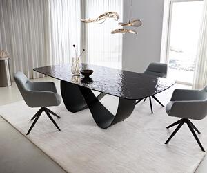 DELIFE Étkezőasztal Edge hajóforma 240x120 domborított üveg füstfekete 3D design Infinity fém fekete