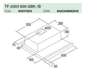 Cata TF-2003/60 LED BLACK GLASS Teleszkópos páraelszívó, 390 m3/óra, 2 fokozat, Fekete