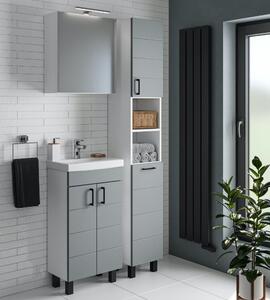 HÉRA 50 cm széles álló fürdőszobai mosdószekrény, világos szürke, fekete kiegészítőkkel, 2 soft close ajtóval, szögletes kerámia mosdóval