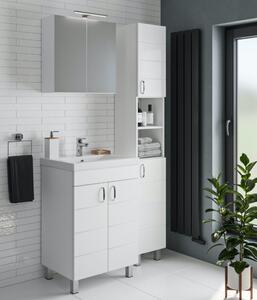 HÉRA 55 cm széles álló fürdőszobai mosdószekrény, fényes fehér, króm kiegészítőkkel, 2 soft close ajtóval, szögletes kerámia mosdóval