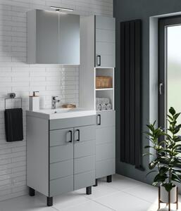 HÉRA 55 cm széles álló fürdőszobai mosdószekrény, világos szürke, fekete kiegészítőkkel, 2 soft close ajtóval, szögletes kerámia mosdóval