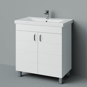 HD HÉRA 85 cm széles álló fürdőszobai mosdószekrény, fényes fehér, króm kiegészítőkkel, 2 soft close ajtóval, szögletes kerámia mosdóval