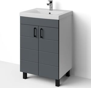 HÉRA 55 cm széles álló fürdőszobai mosdószekrény, sötét szürke, fekete kiegészítőkkel, 2 soft close ajtóval, szögletes kerámia mosdóval