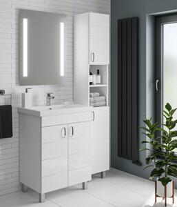 HÉRA 65 cm széles álló fürdőszobai mosdószekrény, fényes fehér, króm kiegészítőkkel, 2 soft close ajtóval, szögletes kerámia mosdóval