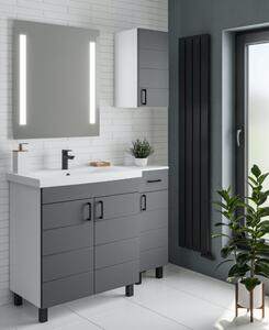 HÉRA 85 cm széles álló fürdőszobai mosdószekrény, sötét szürke, fekete kiegészítőkkel, 2 soft close ajtóval, szögletes kerámia mosdóval