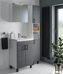 HÉRA 55 cm széles álló fürdőszobai mosdószekrény, sötét szürke, fekete kiegészítőkkel, 2 soft close ajtóval, szögletes kerámia mosdóval
