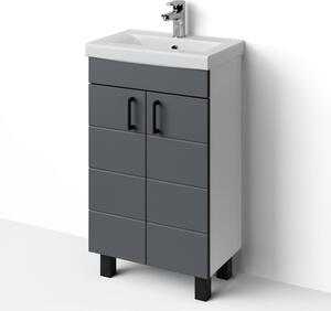 HD HÉRA 50 cm széles álló fürdőszobai mosdószekrény, sötét szürke, fekete kiegészítőkkel, 2 soft close ajtóval, szögletes kerámia mosdóval