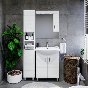 HD MART 55 cm széles álló fürdőszobai mosdószekrény, fényes fehér, króm kiegészítőkkel, 2 soft close ajtóval, íves kerámia mosdóval