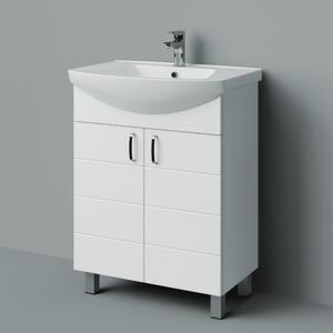 MART 55 cm széles álló fürdőszobai mosdószekrény, fényes fehér, króm kiegészítőkkel, 2 soft close ajtóval, íves kerámia mosdóval