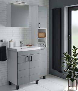HÉRA 65 cm széles álló fürdőszobai mosdószekrény, világos szürke, fekete kiegészítőkkel, 2 soft close ajtóval, szögletes kerámia mosdóval