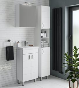 HÉRA 50 cm széles álló fürdőszobai mosdószekrény, fényes fehér, króm kiegészítőkkel, 2 soft close ajtóval, szögletes kerámia mosdóval