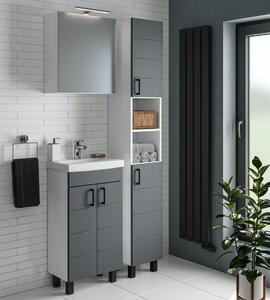 HD HÉRA 50 cm széles álló fürdőszobai mosdószekrény, sötét szürke, fekete kiegészítőkkel, 2 soft close ajtóval, szögletes kerámia mosdóval