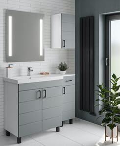 HÉRA 85 cm széles álló fürdőszobai mosdószekrény, világos szürke, fekete kiegészítőkkel, 2 soft close ajtóval, szögletes kerámia mosdóval