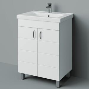 HD HÉRA 65 cm széles álló fürdőszobai mosdószekrény, fényes fehér, króm kiegészítőkkel, 2 soft close ajtóval, szögletes kerámia mosdóval