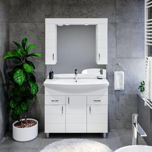 HD MART 100 cm széles álló fürdőszobai mosdószekrény, fényes fehér, króm kiegészítőkkel, 3 soft close ajtóval és 2 fiókkal, íves kerámia mosdóval