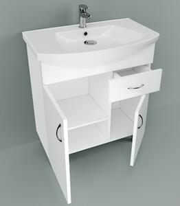 HD STANDARD 75 cm széles álló fürdőszobai mosdószekrény, fényes fehér, króm kiegészítőkkel, 2 ajtóval és 1 fiókkal, íves kerámia mosdóval
