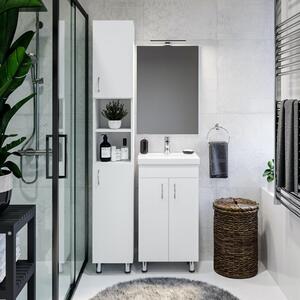 LIGHT 50 cm széles álló fürdőszobai mosdószekrény, fényes fehér, króm kiegészítőkkel, 2 ajtóval, szögletes kerámia mosdóval