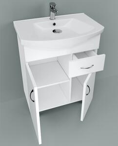 HD STANDARD 65 cm széles álló fürdőszobai mosdószekrény, fényes fehér, króm kiegészítőkkel, 2 ajtóval és 1 fiókkal, íves kerámia mosdóval