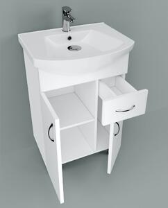 STANDARD 55 cm széles álló fürdőszobai mosdószekrény, fényes fehér, króm kiegészítőkkel, 2 ajtóval és 1 fiókkal, íves kerámia mosdóval