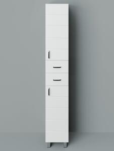 HD MART 30 cm széles polcos álló fürdőszobai magas szekrény, fényes fehér, króm kiegészítőkkel, 2 soft close ajtóval és 2 fiókkal