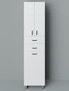 HD MART 45 cm széles szennyestartós álló fürdőszobai magas szekrény, fényes fehér, króm kiegészítőkkel, 2 soft close ajtóval, 2 fiókkal és szenyestartóval