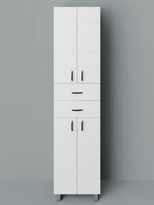 HD MART 45 cm széles polcos álló fürdőszobai magas szekrény, fényes fehér, króm kiegészítőkkel, 4 soft close ajtóval és 2 fiókkal