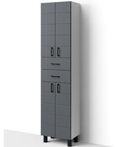 HD MART 45 cm széles polcos álló fürdőszobai magas szekrény, sötét szürke, fekete kiegészítőkkel, 4 soft close ajtóval és 2 fiókkal