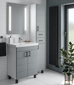 MART 30 cm széles polcos álló fürdőszobai magas szekrény, világos szürke, fekete kiegészítőkkel, 2 soft close ajtóval és 2 fiókkal