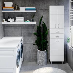 MART 45 cm széles szennyestartós álló fürdőszobai magas szekrény, fényes fehér, króm kiegészítőkkel, 2 soft close ajtóval, 2 fiókkal és szenyestartóval