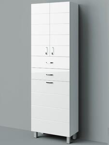 MART 60 cm széles szennyestartós álló fürdőszobai magas szekrény, fényes fehér, króm kiegészítőkkel, 2 soft close ajtóval, 2 fiókkal és szennyestartóval