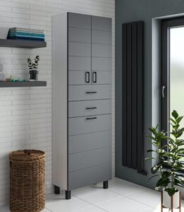 MART 60 cm széles szennyestartós álló fürdőszobai magas szekrény, sötét szürke, fekete kiegészítőkkel, 2 soft close ajtóval, 2 fiókkal és szennyestartóval