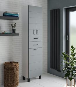 MART 45 cm széles szennyestartós álló fürdőszobai magas szekrény, világos szürke, fekete kiegészítőkkel, 2 soft close ajtóval, 2 fiókkal és szenyestartóval