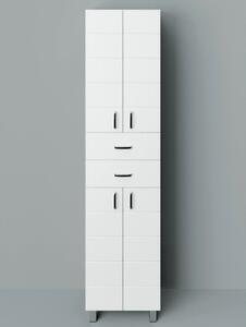 MART 60 cm széles polcos álló fürdőszobai magas szekrény, fényes fehér, króm kiegészítőkkel, 4 soft close ajtóval és 2 fiókkal