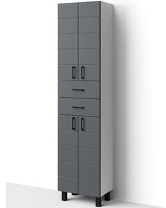 MART 60 cm széles polcos álló fürdőszobai magas szekrény, sötét szürke, fekete kiegészítőkkel, 4 soft close ajtóval és 2 fiókkal
