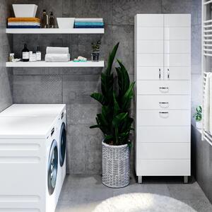 HD MART 60 cm széles szennyestartós álló fürdőszobai magas szekrény, fényes fehér, króm kiegészítőkkel, 2 soft close ajtóval, 2 fiókkal és szennyestartóval