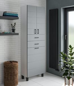 MART 60 cm széles szennyestartós álló fürdőszobai magas szekrény, világos szürke, fekete kiegészítőkkel, 2 soft close ajtóval, 2 fiókkal és szennyestartóval