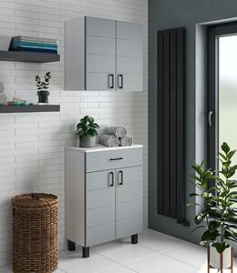 MART 60 cm széles polcos fürdőszobai kiegészítő alsó szekrény, világos szürke, fekete kiegészítőkkel, 2 soft close ajtóval és 1 fiókkal